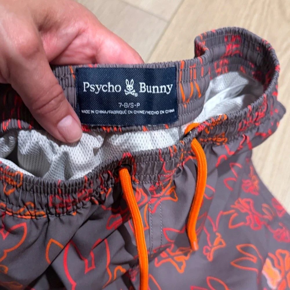 Psycho Bunny Boys Swim Trunks Gray Orange Neon Bunny Logo Shorts Size 7-8 S